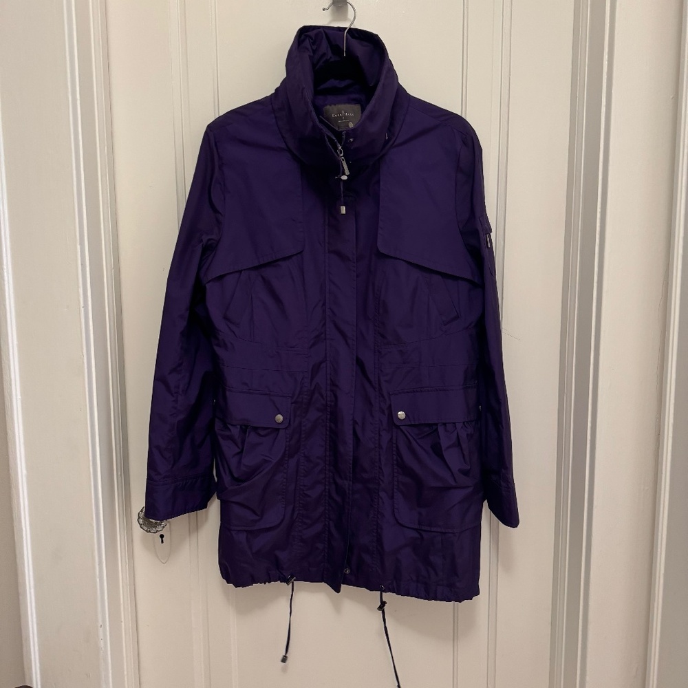 Cole Haan purple utility jacket with hood in collar